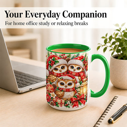 #pl[15oz|Green] Faceted Owl Family Coffee Mug, Christmas Owl Mug, Ceramic Cup