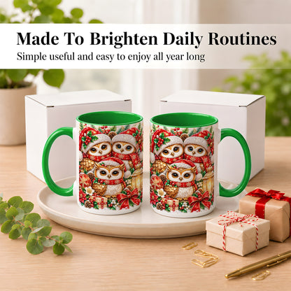 #pl[15oz|Green] Faceted Owl Family Coffee Mug, Christmas Owl Mug, Ceramic Cup