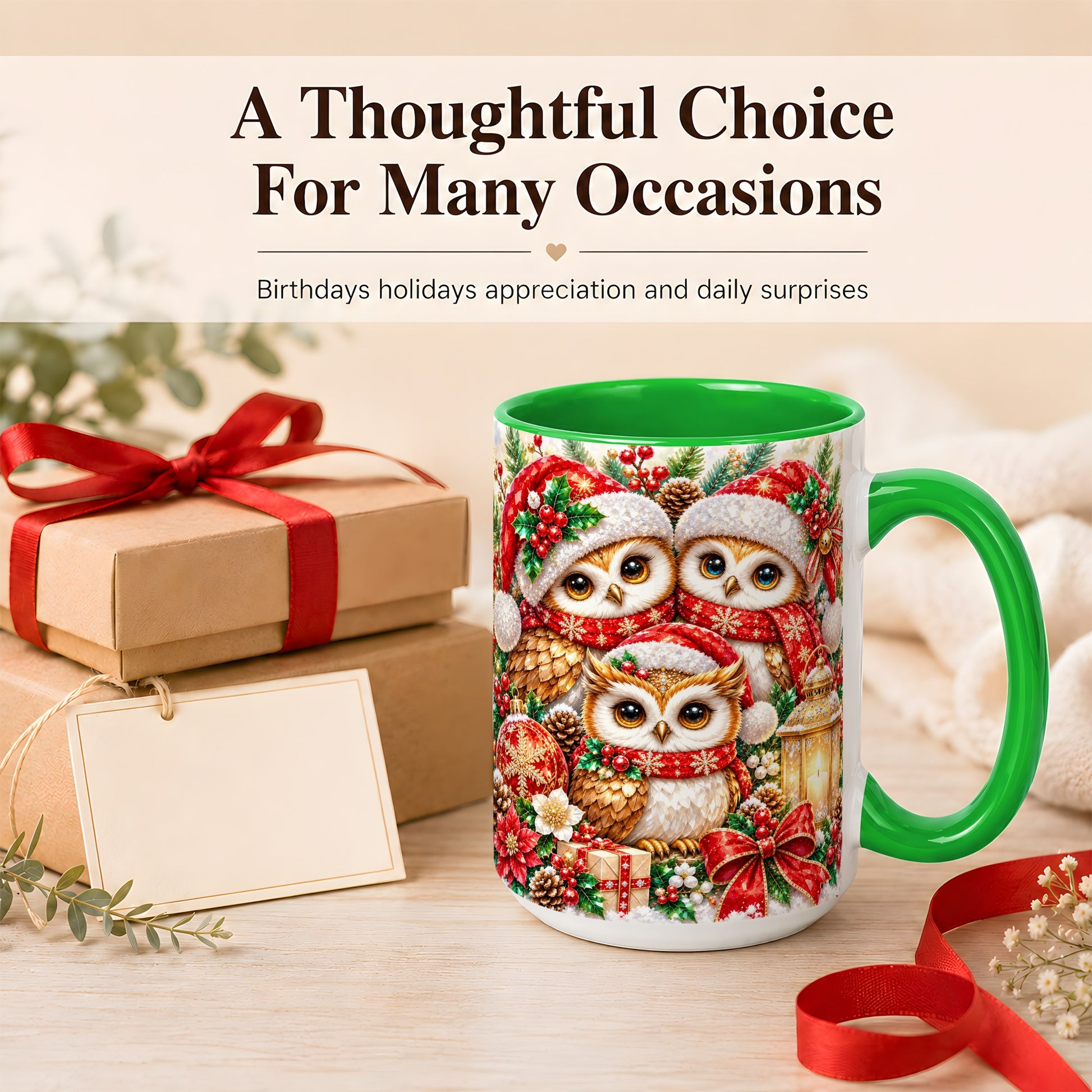 #pl[15oz|Green] Faceted Owl Family Coffee Mug, Christmas Owl Mug, Ceramic Cup