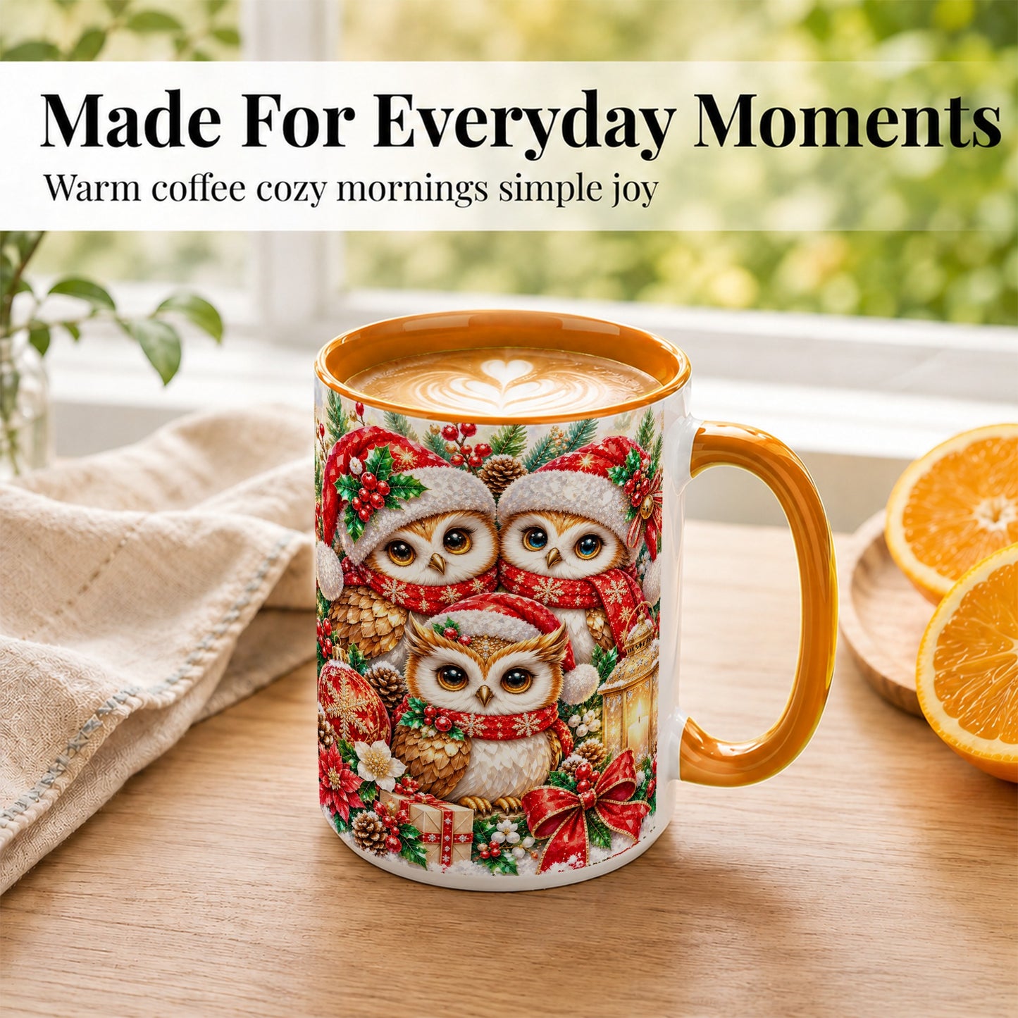 #pl[15oz|Orange] Faceted Owl Family Coffee Mug, Christmas Owl Mug, Ceramic Cup