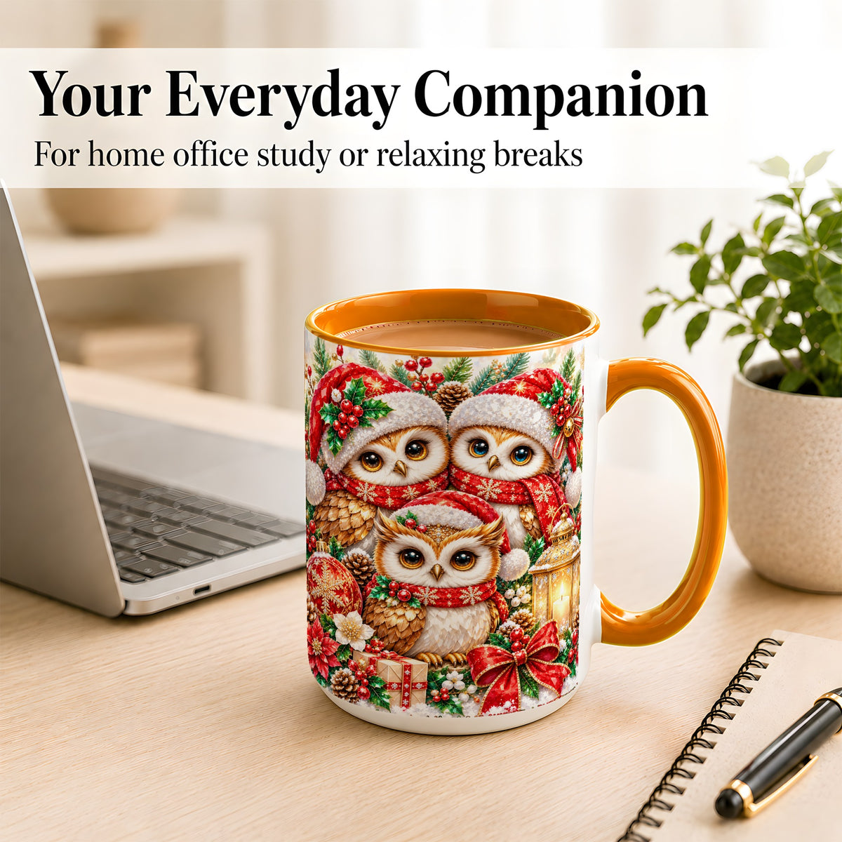 #pl[15oz|Orange] Faceted Owl Family Coffee Mug, Christmas Owl Mug, Ceramic Cup