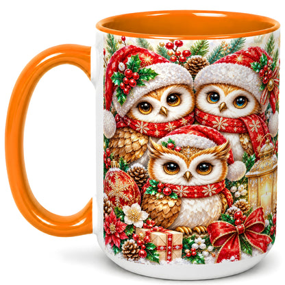 #pl[15oz|Orange] Faceted Owl Family Coffee Mug, Christmas Owl Mug, Ceramic Cup