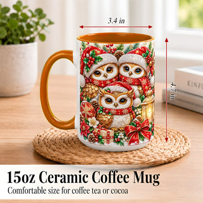 #pl[15oz|Orange] Faceted Owl Family Coffee Mug, Christmas Owl Mug, Ceramic Cup