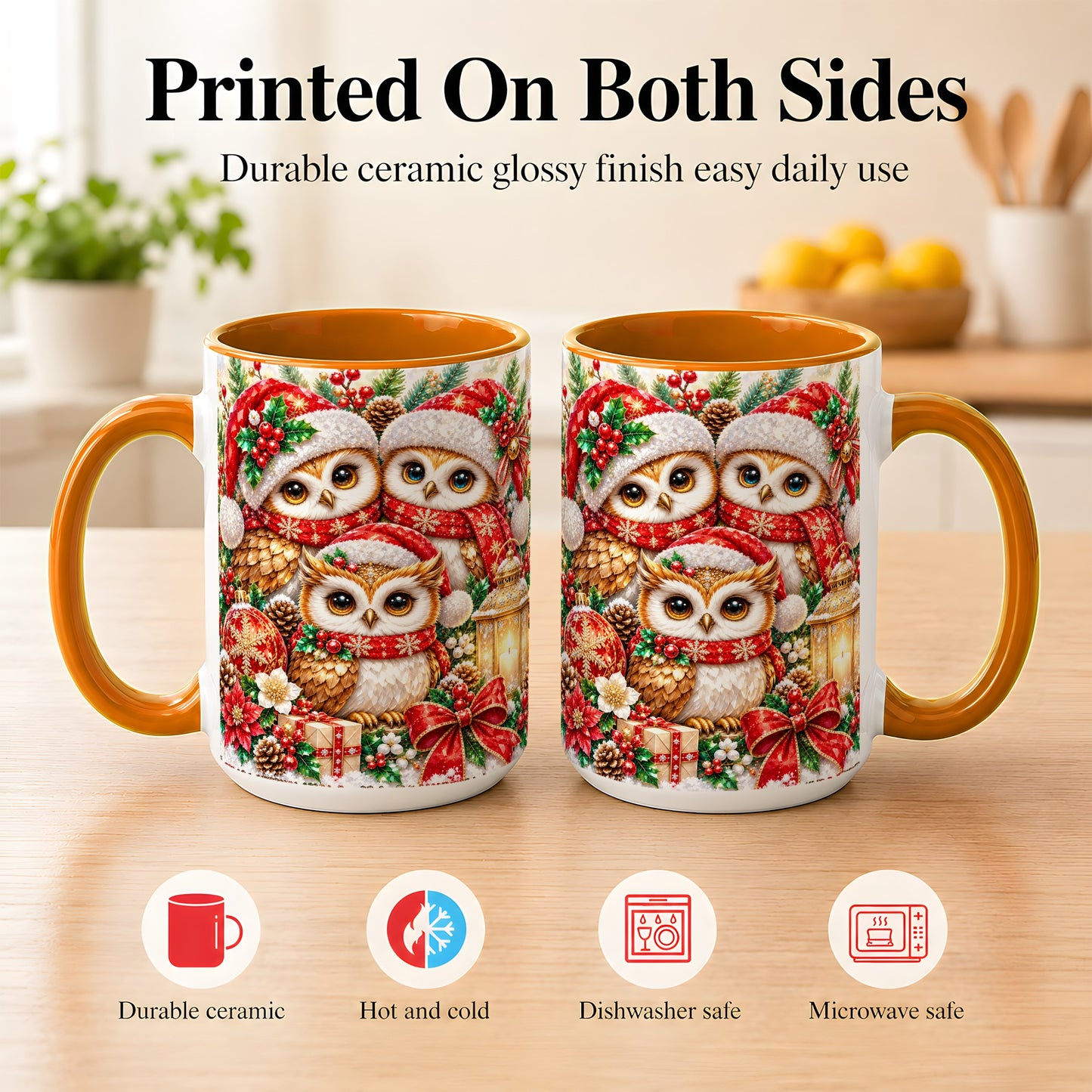 #pl[15oz|Orange] Faceted Owl Family Coffee Mug, Christmas Owl Mug, Ceramic Cup