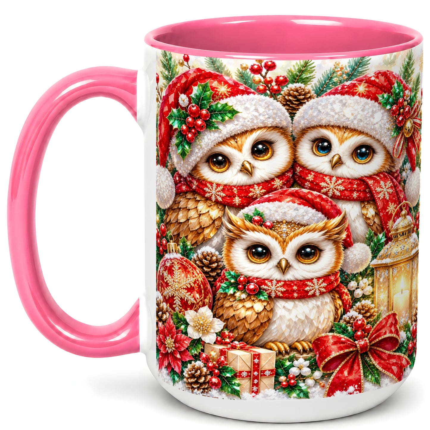 #pl[15oz|Pink] Faceted Owl Family Coffee Mug, Christmas Owl Mug, Ceramic Cup