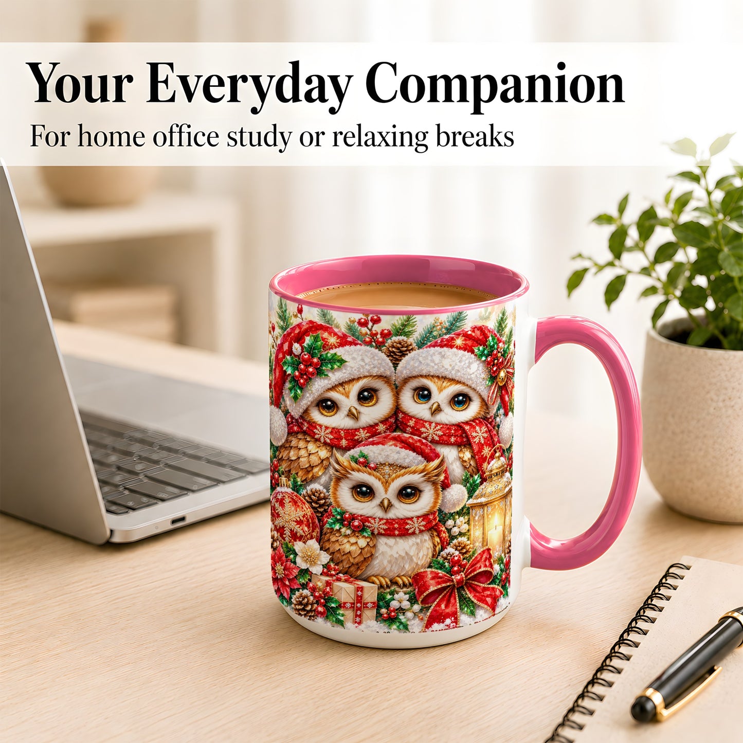#pl[15oz|Pink] Faceted Owl Family Coffee Mug, Christmas Owl Mug, Ceramic Cup