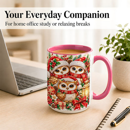 #pl[15oz|Pink] Faceted Owl Family Coffee Mug, Christmas Owl Mug, Ceramic Cup