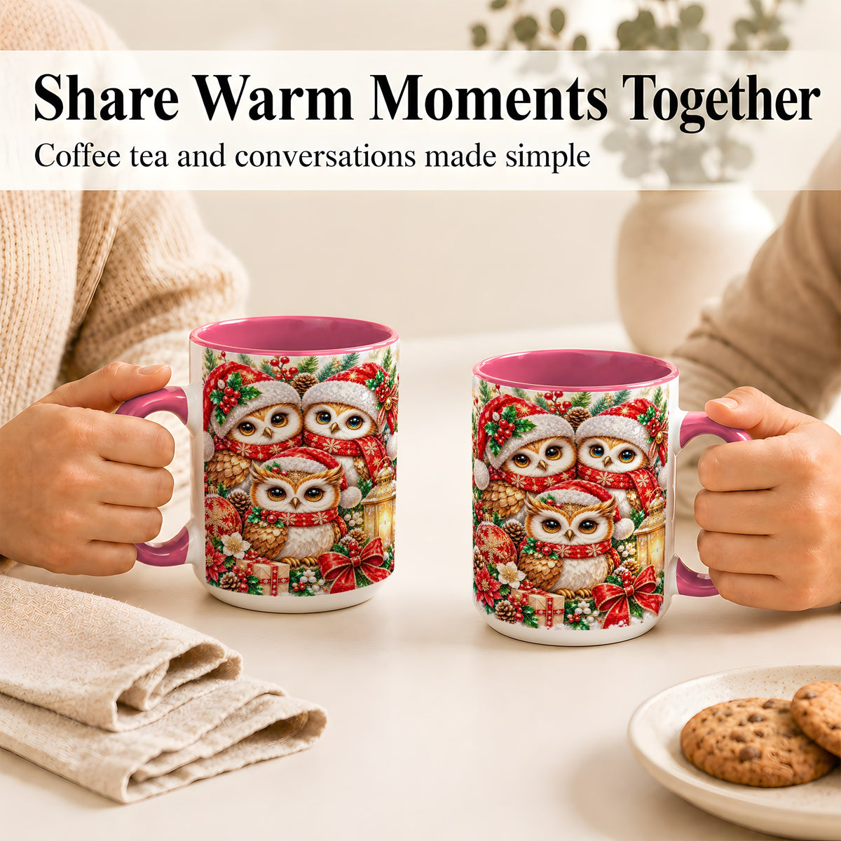 #pl[15oz|Pink] Faceted Owl Family Coffee Mug, Christmas Owl Mug, Ceramic Cup