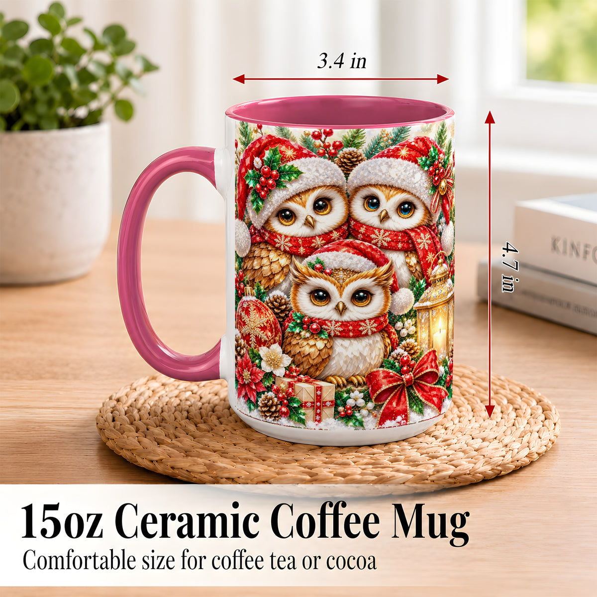 #pl[15oz|Pink] Faceted Owl Family Coffee Mug, Christmas Owl Mug, Ceramic Cup