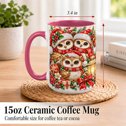 #pl[15oz|Pink] Faceted Owl Family Coffee Mug, Christmas Owl Mug, Ceramic Cup