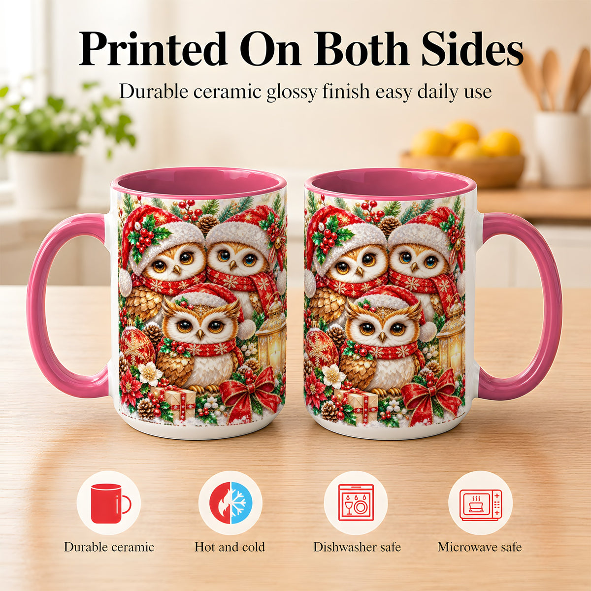 #pl[15oz|Pink] Faceted Owl Family Coffee Mug, Christmas Owl Mug, Ceramic Cup