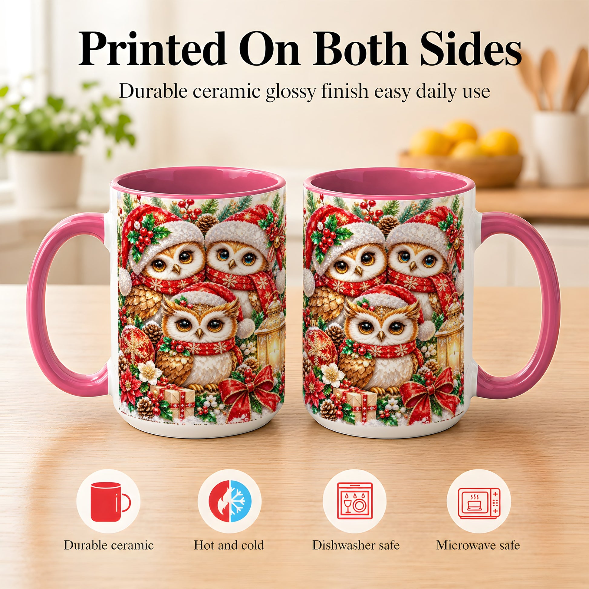 #pl[15oz|Pink] Faceted Owl Family Coffee Mug, Christmas Owl Mug, Ceramic Cup