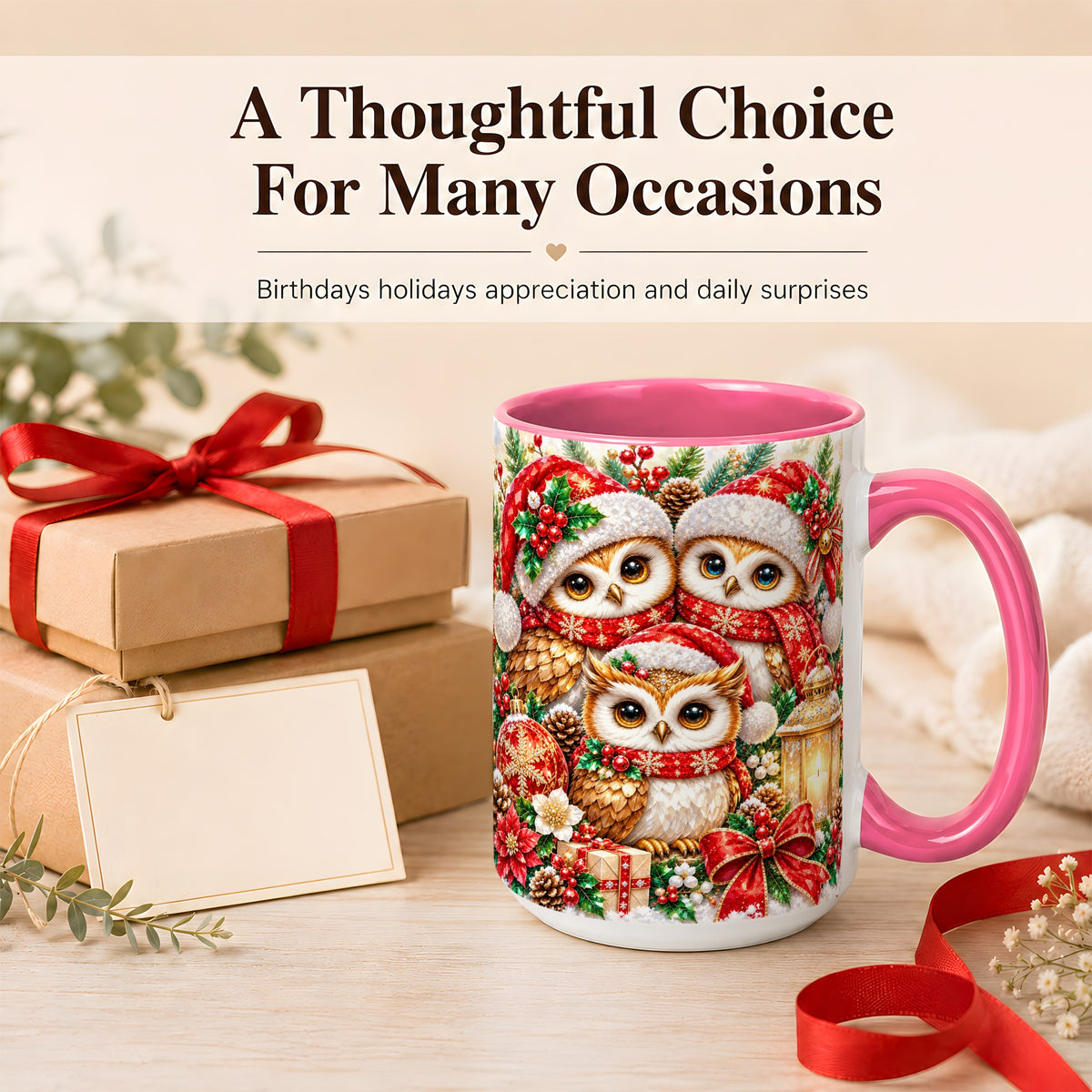 #pl[15oz|Pink] Faceted Owl Family Coffee Mug, Christmas Owl Mug, Ceramic Cup