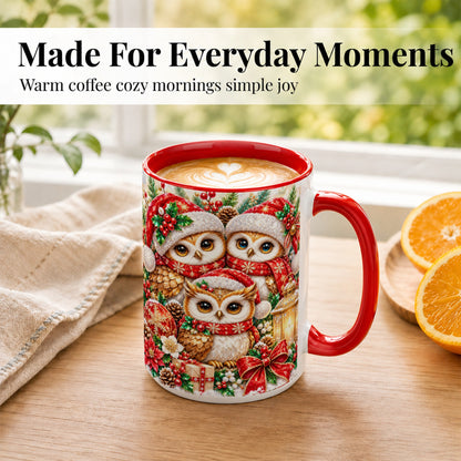 #pl[15oz|Red] Faceted Owl Family Coffee Mug, Christmas Owl Mug, Ceramic Cup