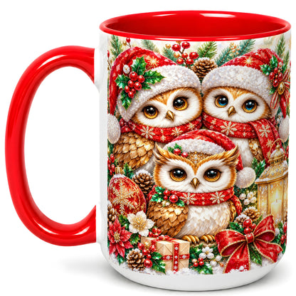 #pl[15oz|Red] Faceted Owl Family Coffee Mug, Christmas Owl Mug, Ceramic Cup