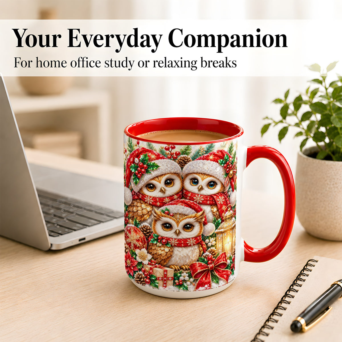 #pl[15oz|Red] Faceted Owl Family Coffee Mug, Christmas Owl Mug, Ceramic Cup