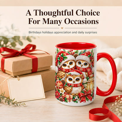 #pl[15oz|Red] Faceted Owl Family Coffee Mug, Christmas Owl Mug, Ceramic Cup