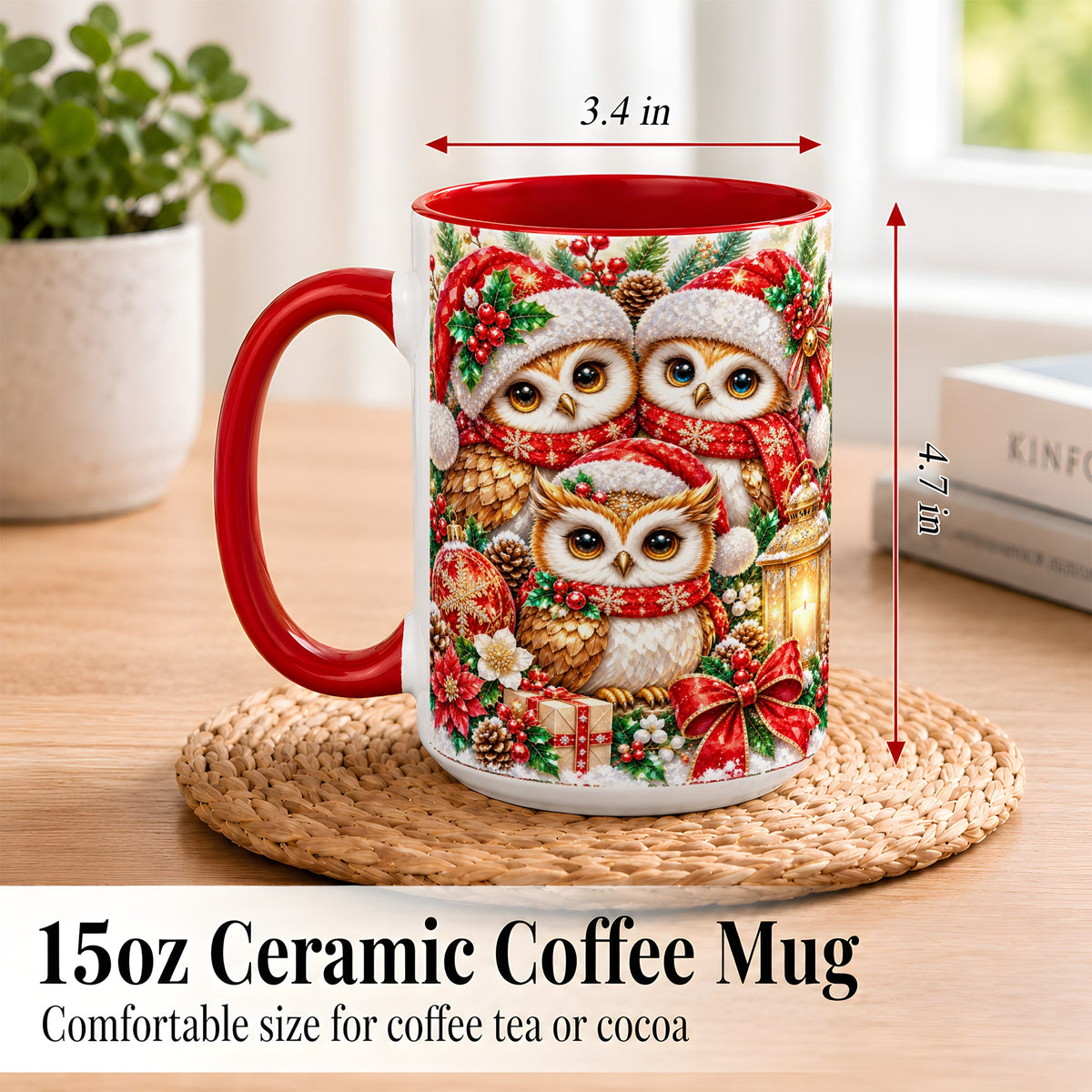 #pl[15oz|Red] Faceted Owl Family Coffee Mug, Christmas Owl Mug, Ceramic Cup