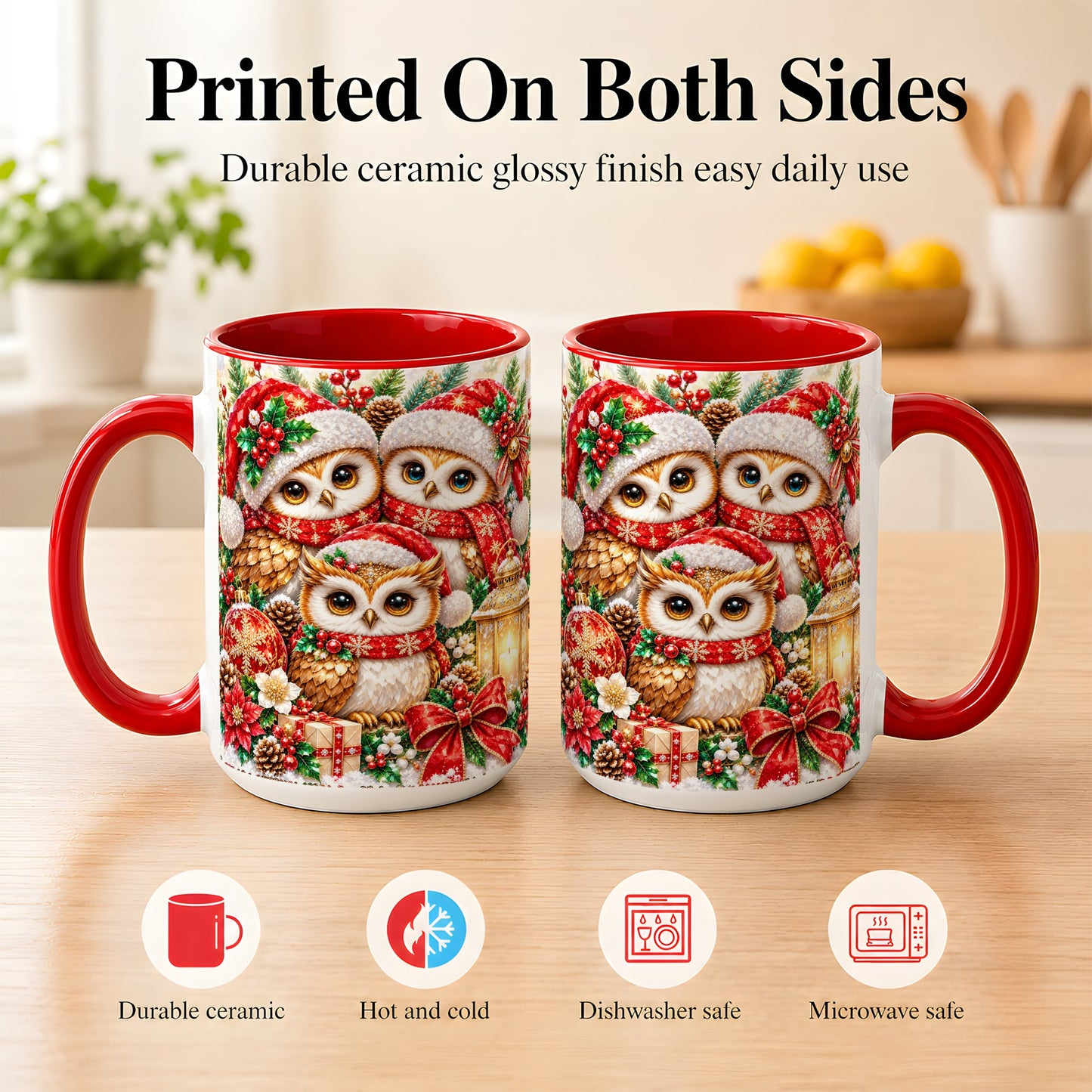 #pl[15oz|Red] Faceted Owl Family Coffee Mug, Christmas Owl Mug, Ceramic Cup