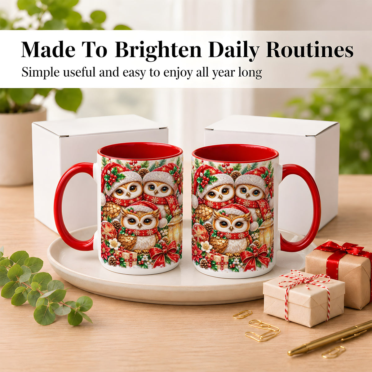 #pl[15oz|Red] Faceted Owl Family Coffee Mug, Christmas Owl Mug, Ceramic Cup
