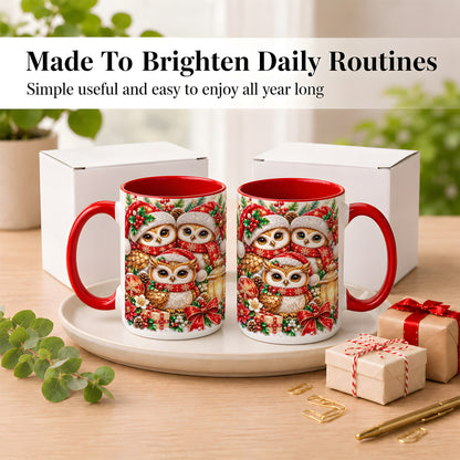 #pl[15oz|Red] Faceted Owl Family Coffee Mug, Christmas Owl Mug, Ceramic Cup