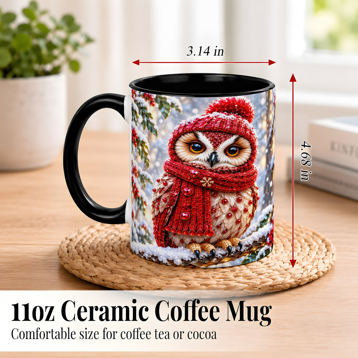 #pl[11oz|Black] Faceted Winter Owl Coffee Mug, Christmas Owl Mug, Ceramic Cup