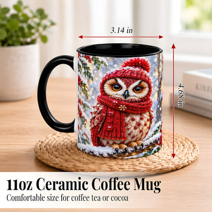 #pl[11oz|Black] Faceted Winter Owl Coffee Mug, Christmas Owl Mug, Ceramic Cup