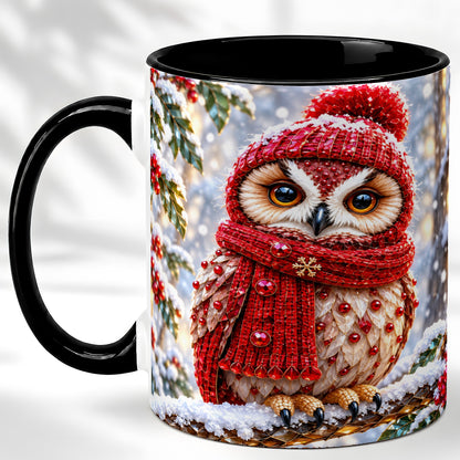 #pl[11oz|Black] Faceted Winter Owl Coffee Mug, Christmas Owl Mug, Ceramic Cup