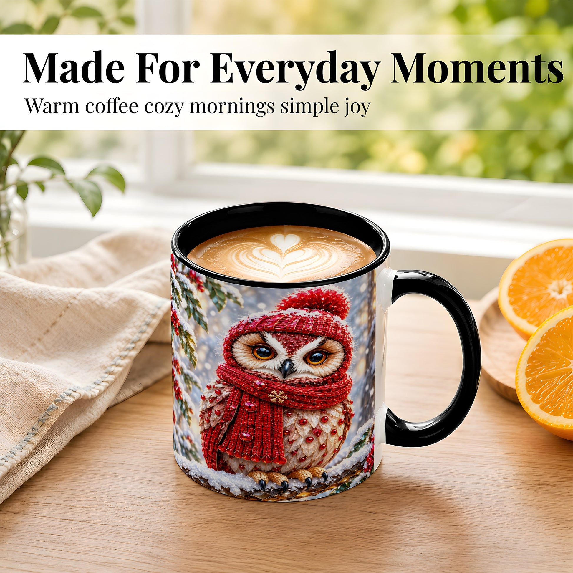#pl[11oz|Black] Faceted Winter Owl Coffee Mug, Christmas Owl Mug, Ceramic Cup