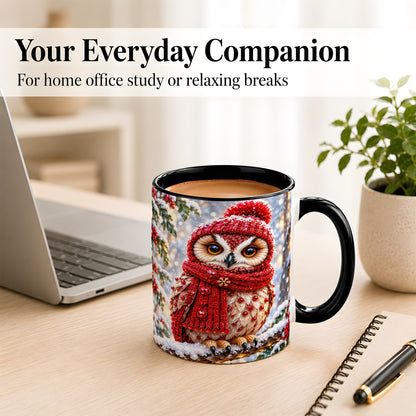 #pl[11oz|Black] Faceted Winter Owl Coffee Mug, Christmas Owl Mug, Ceramic Cup