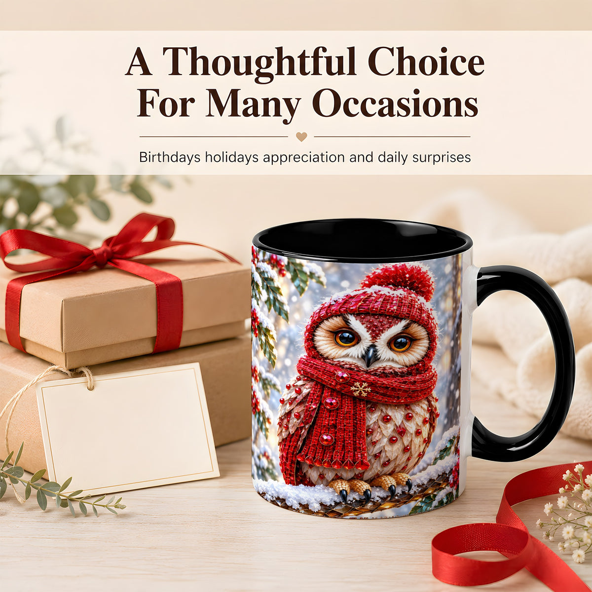 #pl[11oz|Black] Faceted Winter Owl Coffee Mug, Christmas Owl Mug, Ceramic Cup