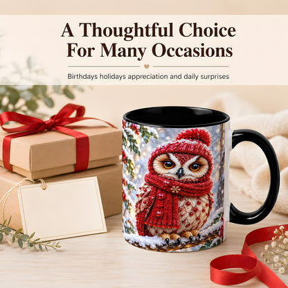 #pl[11oz|Black] Faceted Winter Owl Coffee Mug, Christmas Owl Mug, Ceramic Cup