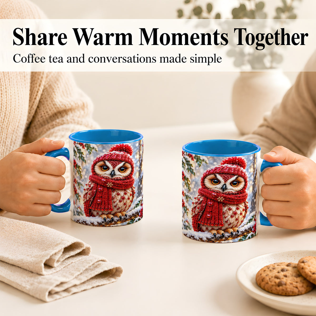 #pl[11oz|Blue] Faceted Winter Owl Coffee Mug, Christmas Owl Mug, Ceramic Cup
