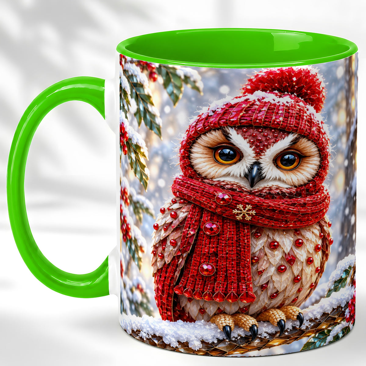 #pl[11oz|Green] Faceted Winter Owl Coffee Mug, Christmas Owl Mug, Ceramic Cup