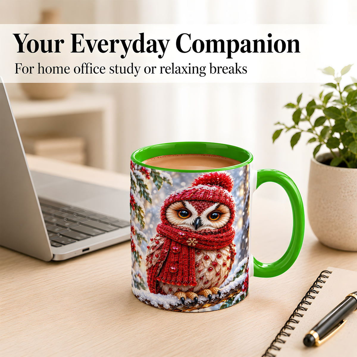 #pl[11oz|Green] Faceted Winter Owl Coffee Mug, Christmas Owl Mug, Ceramic Cup
