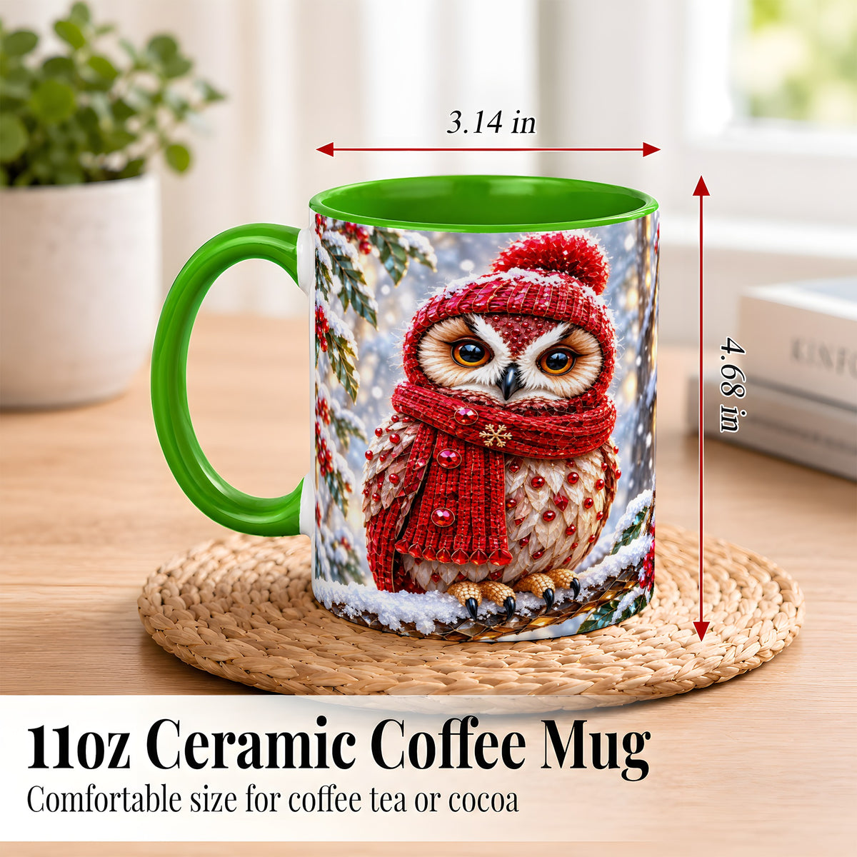 #pl[11oz|Green] Faceted Winter Owl Coffee Mug, Christmas Owl Mug, Ceramic Cup