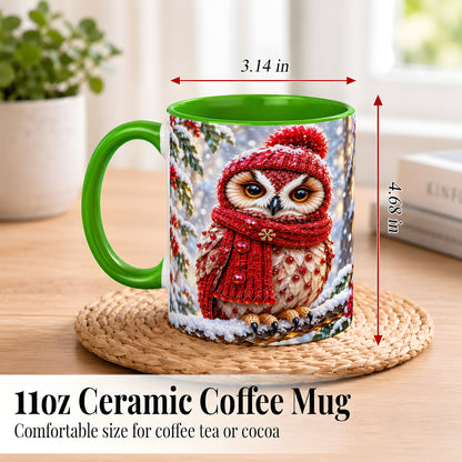 #pl[11oz|Green] Faceted Winter Owl Coffee Mug, Christmas Owl Mug, Ceramic Cup