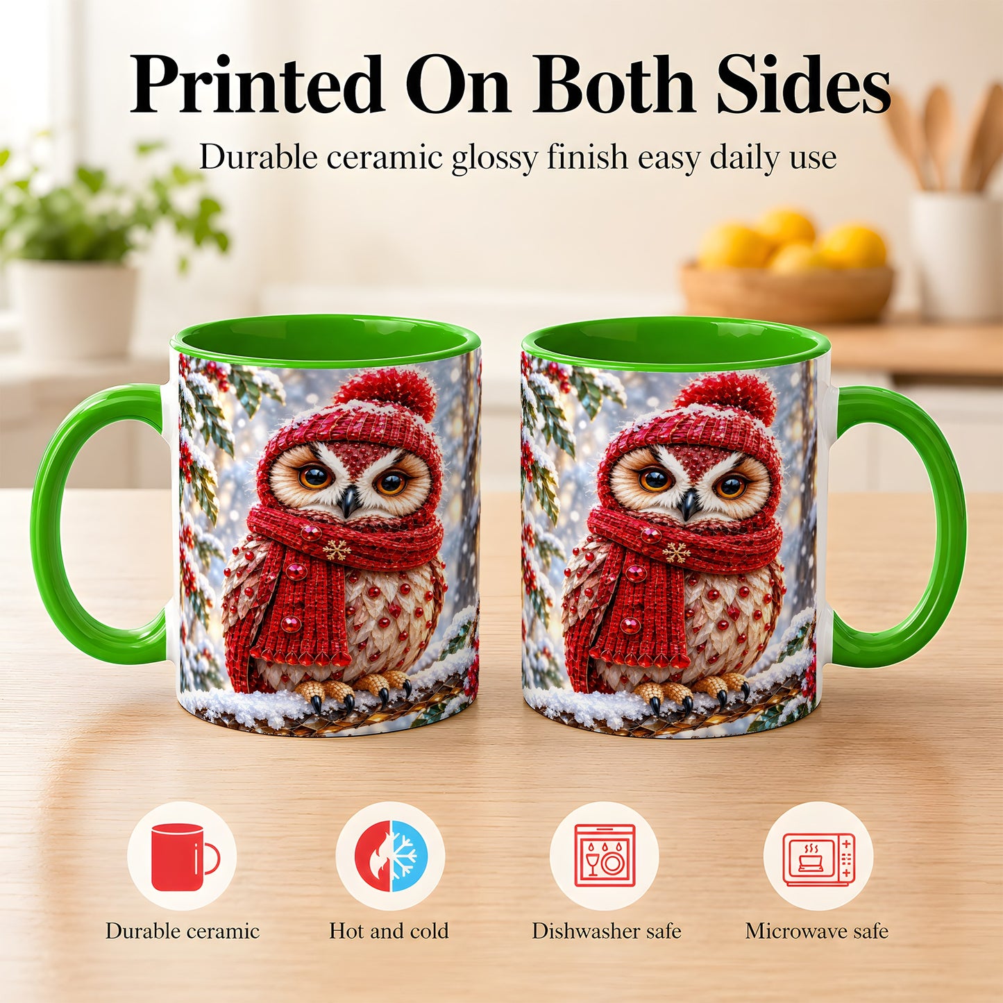 #pl[11oz|Green] Faceted Winter Owl Coffee Mug, Christmas Owl Mug, Ceramic Cup