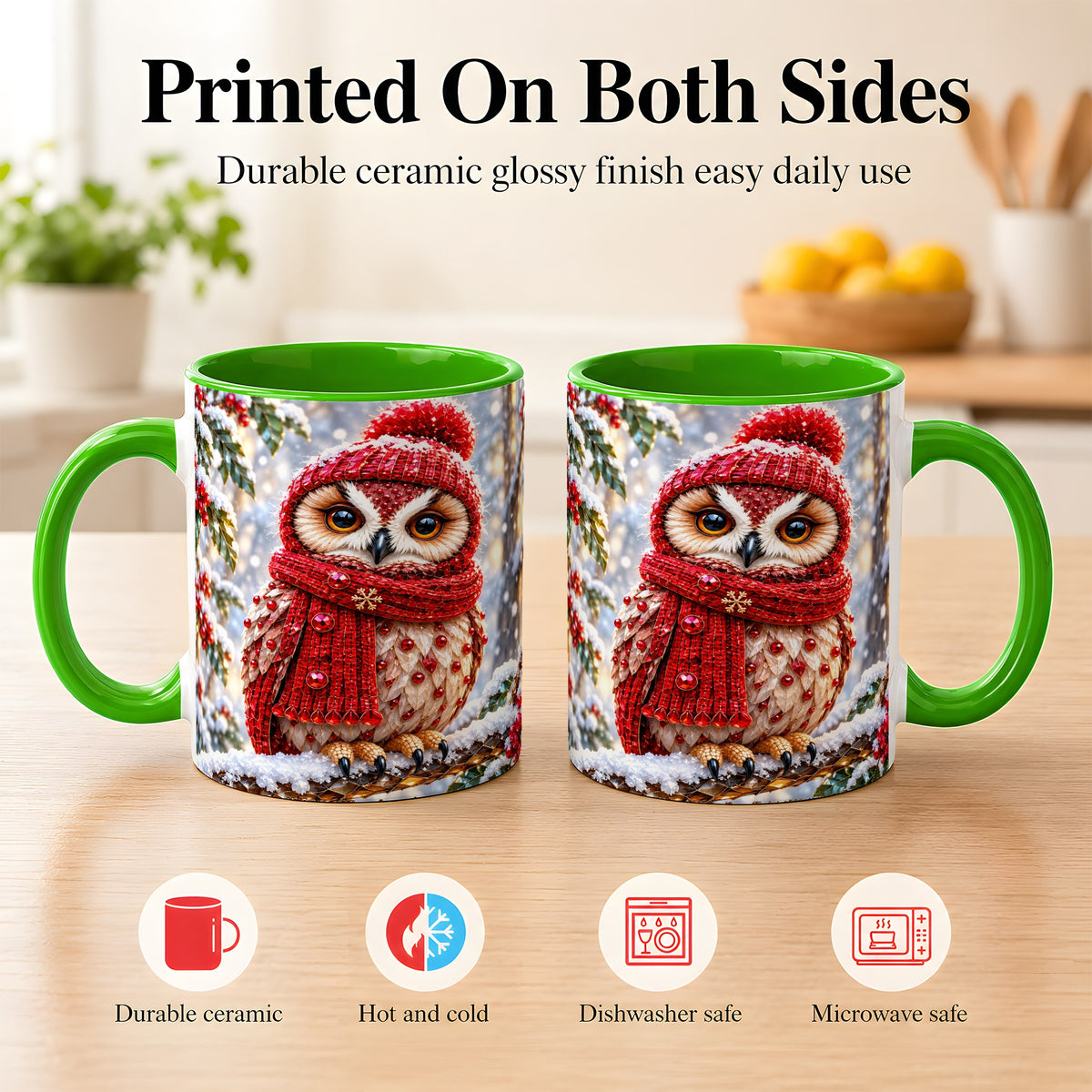 #pl[11oz|Green] Faceted Winter Owl Coffee Mug, Christmas Owl Mug, Ceramic Cup