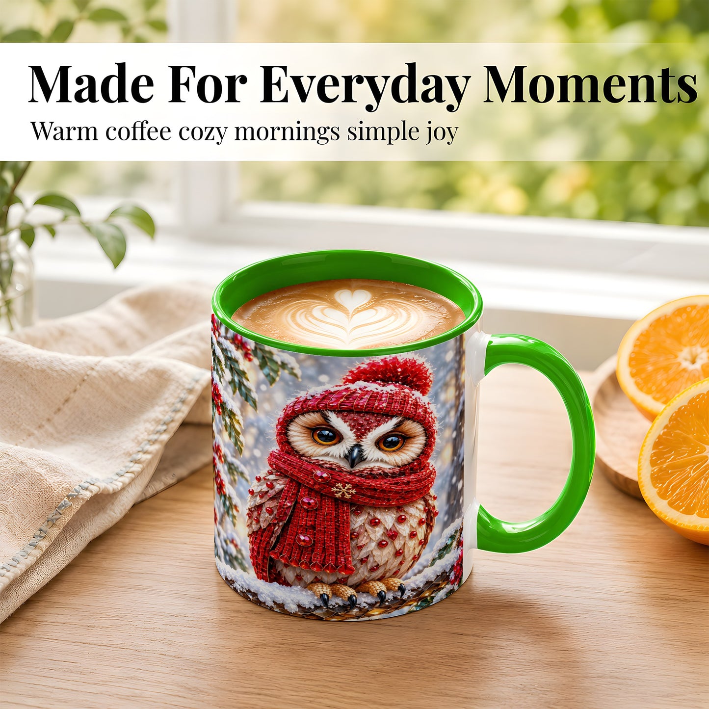 #pl[11oz|Green] Faceted Winter Owl Coffee Mug, Christmas Owl Mug, Ceramic Cup