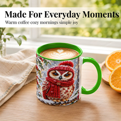 #pl[11oz|Green] Faceted Winter Owl Coffee Mug, Christmas Owl Mug, Ceramic Cup