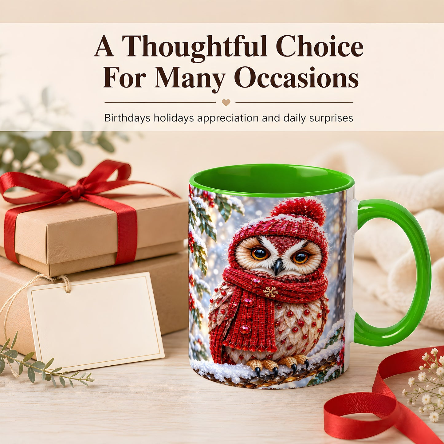 #pl[11oz|Green] Faceted Winter Owl Coffee Mug, Christmas Owl Mug, Ceramic Cup