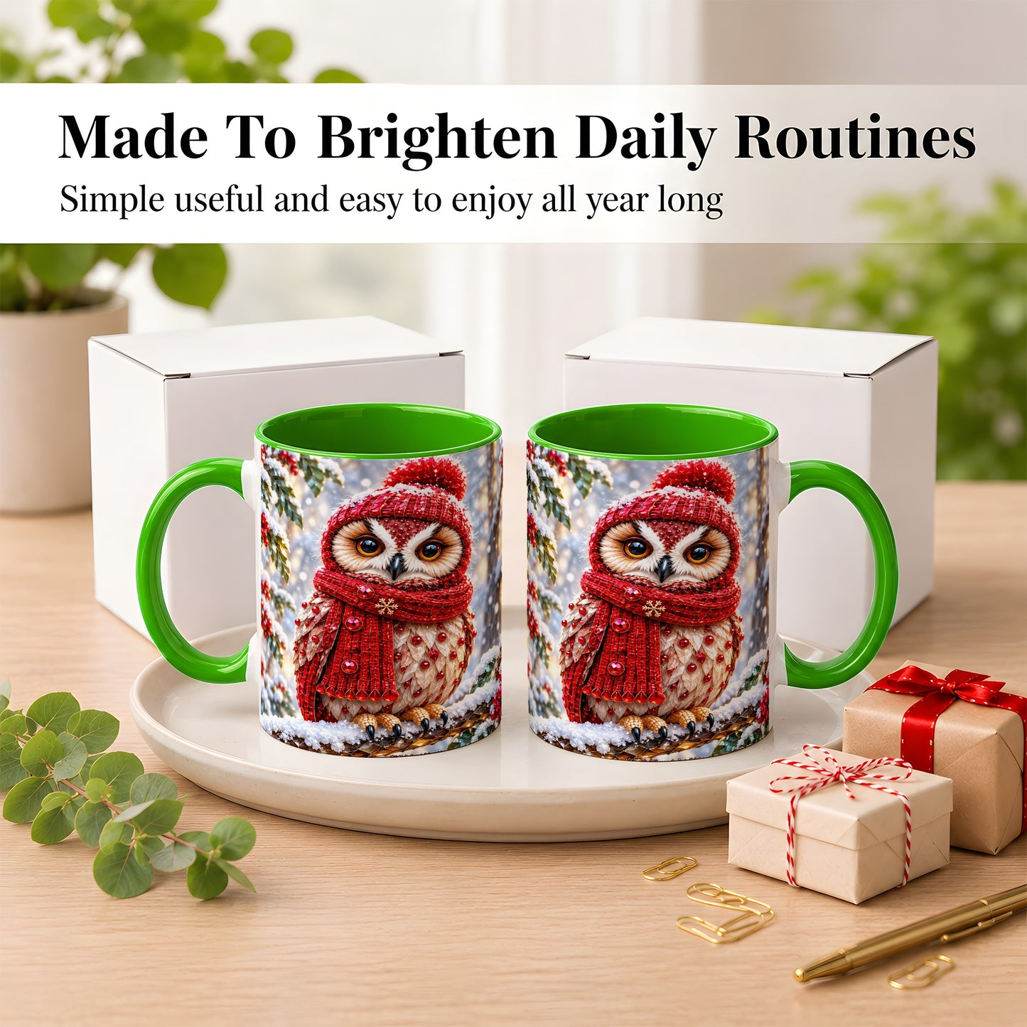 #pl[11oz|Green] Faceted Winter Owl Coffee Mug, Christmas Owl Mug, Ceramic Cup