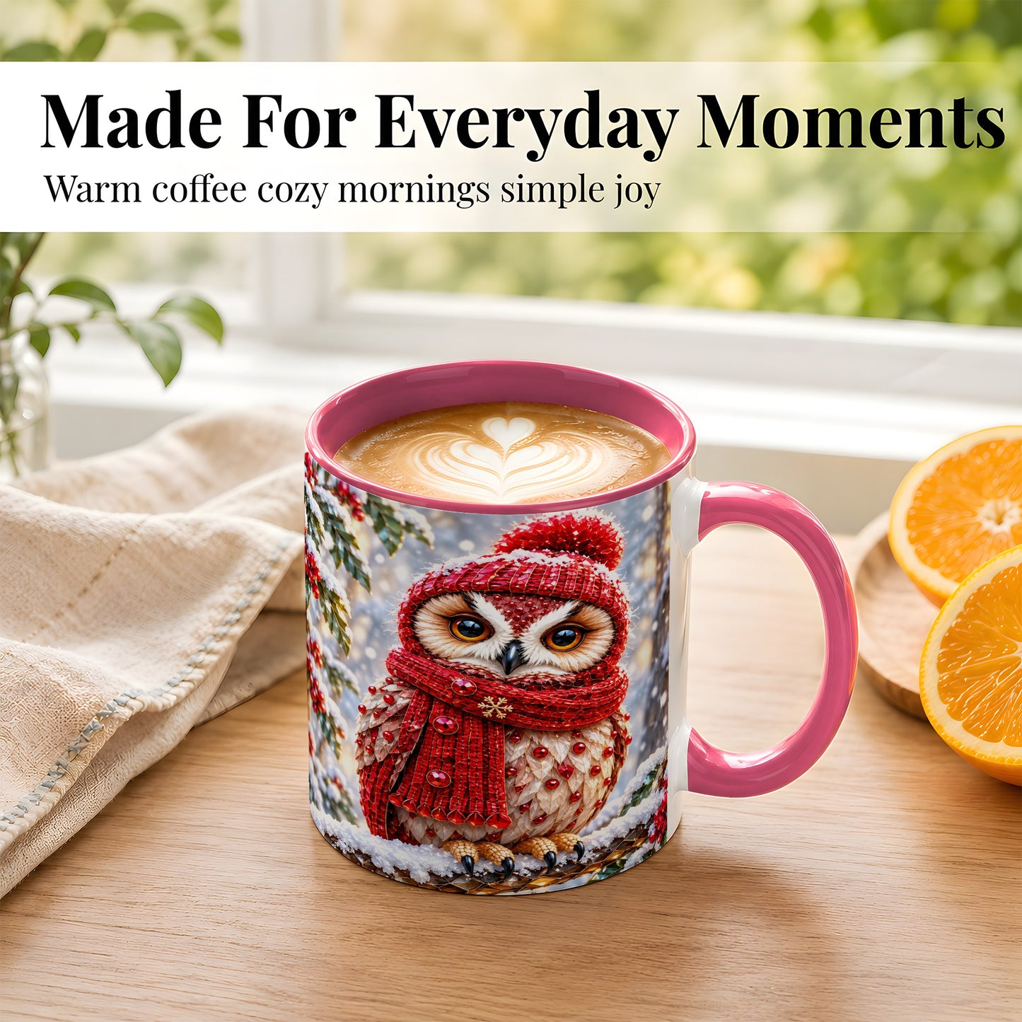 #pl[11oz|Pink] Faceted Winter Owl Coffee Mug, Christmas Owl Mug, Ceramic Cup