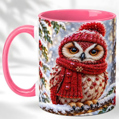 #pl[11oz|Pink] Faceted Winter Owl Coffee Mug, Christmas Owl Mug, Ceramic Cup