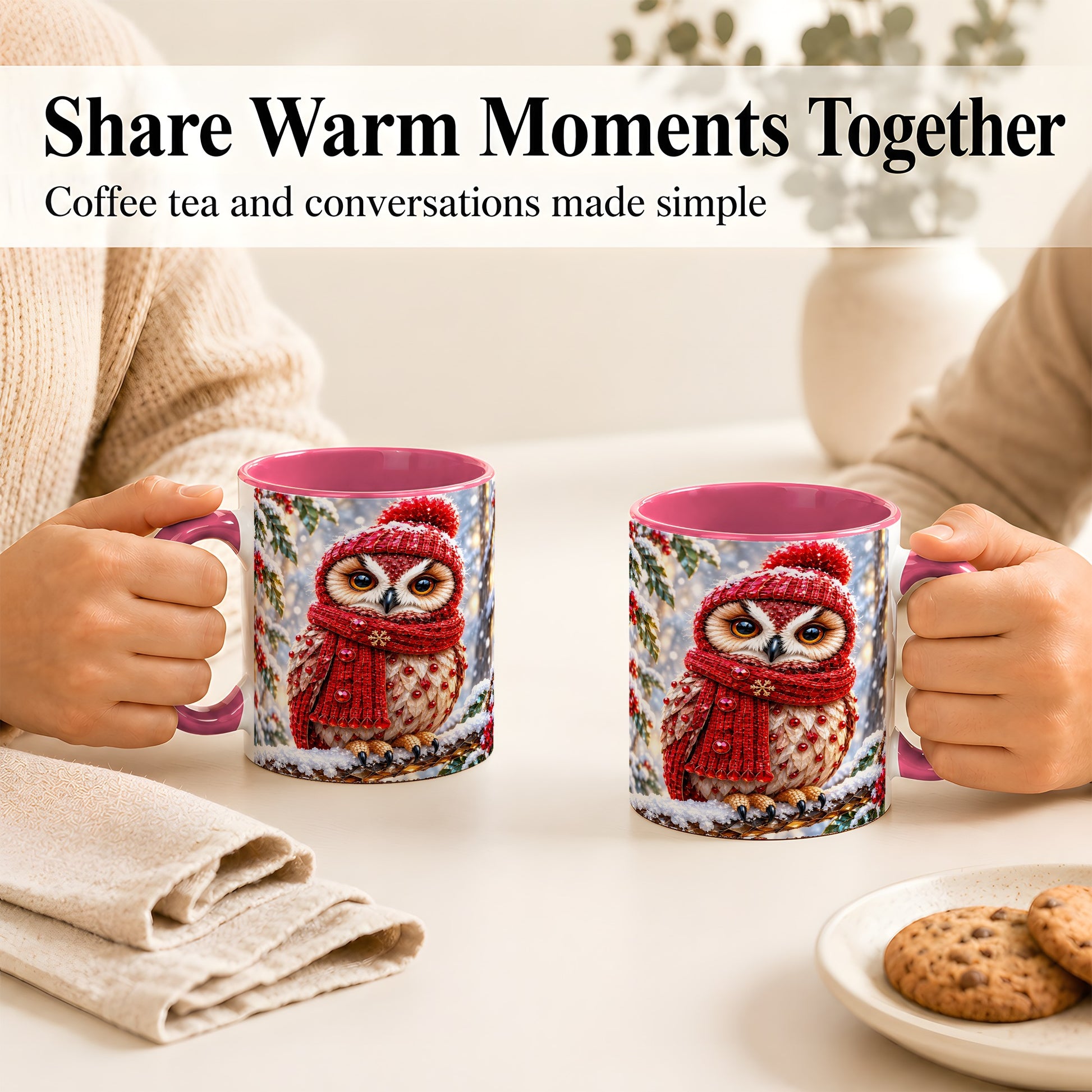 #pl[11oz|Pink] Faceted Winter Owl Coffee Mug, Christmas Owl Mug, Ceramic Cup