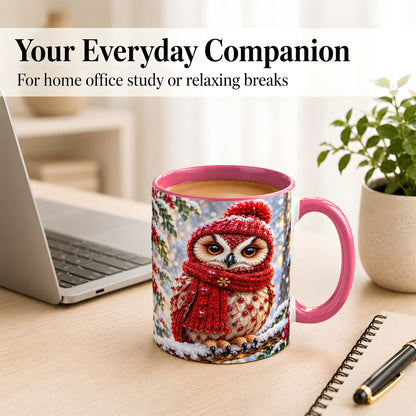 #pl[11oz|Pink] Faceted Winter Owl Coffee Mug, Christmas Owl Mug, Ceramic Cup