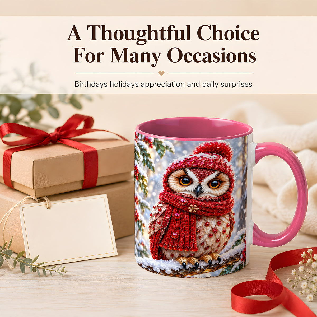 #pl[11oz|Pink] Faceted Winter Owl Coffee Mug, Christmas Owl Mug, Ceramic Cup