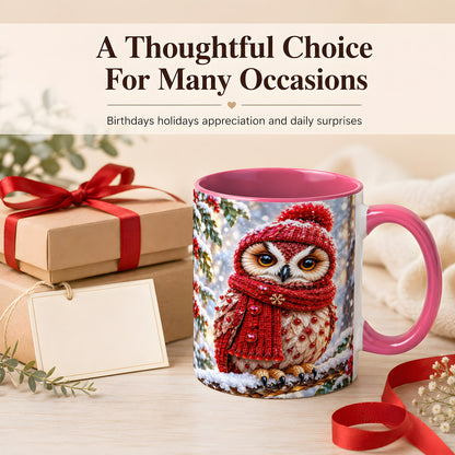 #pl[11oz|Pink] Faceted Winter Owl Coffee Mug, Christmas Owl Mug, Ceramic Cup