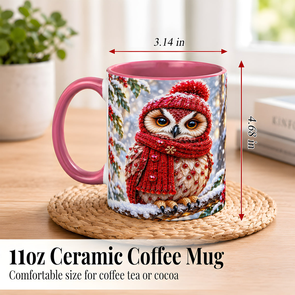 #pl[11oz|Pink] Faceted Winter Owl Coffee Mug, Christmas Owl Mug, Ceramic Cup